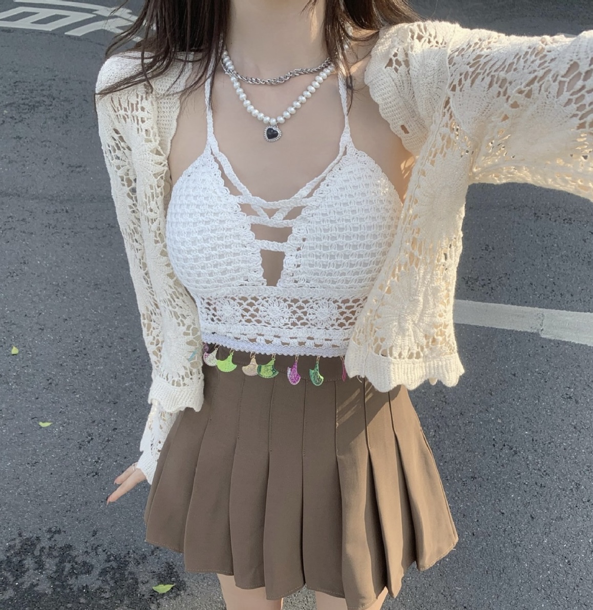 吊帶外穿女港味夏季出遊穿搭度假風復古編織流蘇邊設計感背心上衣