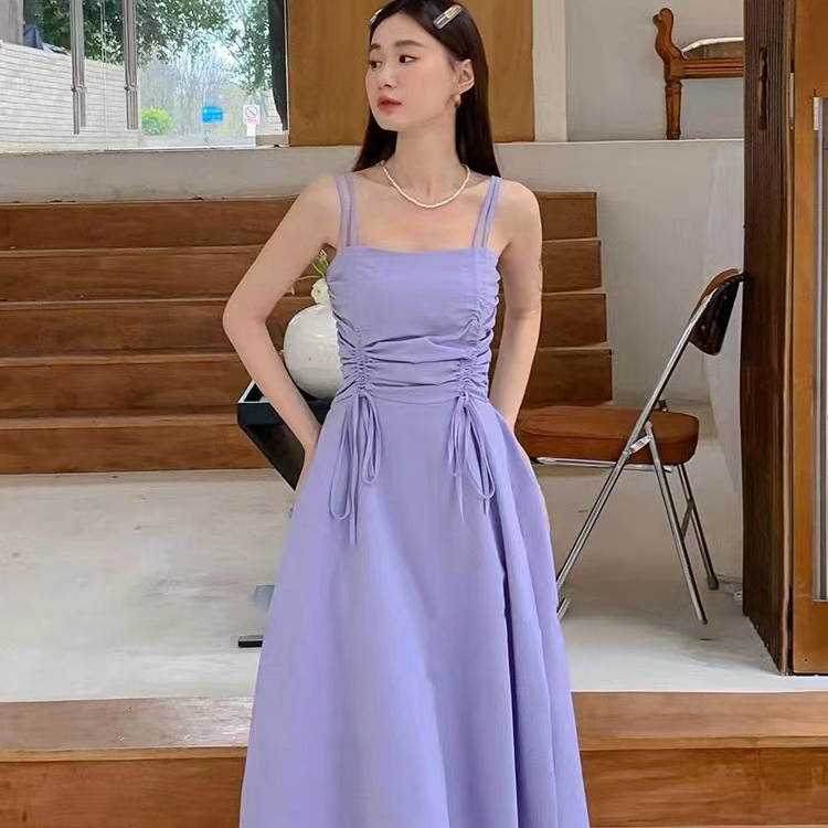 度假風韓系吊帶裙女夏季設計感抽繩褶皺收腰抹胸裙顯瘦修身連衣裙