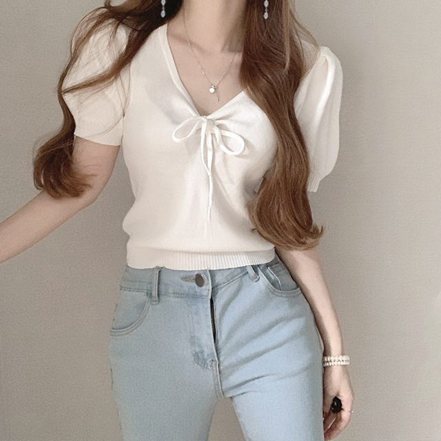 Bow tie age-reducing cute puff shoulder short knitted top for women