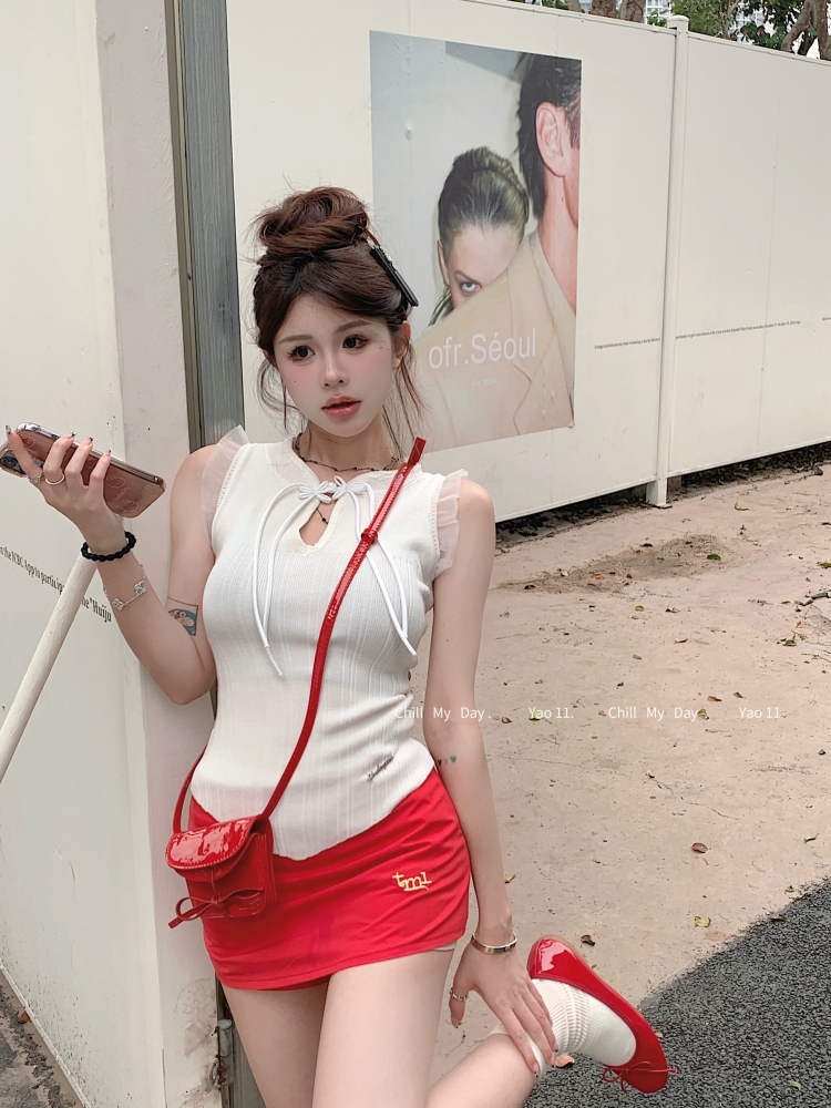 實拍實 價新中式圓領小眾氛圍針織收腰無袖背心吊帶女