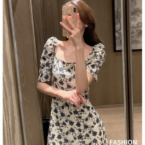 Rose floral dress 2024 spring and summer new Korean style small French tea break waist slimming one-line collar