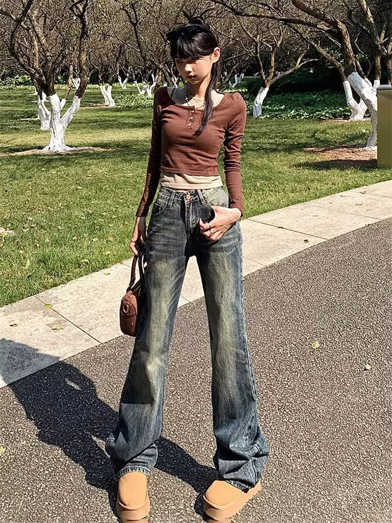 美式復古懷舊寬鬆微喇牛仔褲女小個子高腰顯瘦百搭拖地喇叭褲