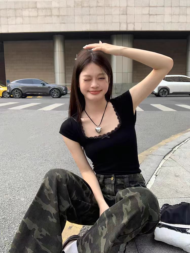 已出貨 韓版短袖t恤女夏季修身顯瘦純色方領超修身T恤套頭