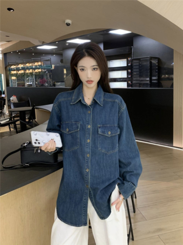 Actual shot ~ New style layered design niche retro Hong Kong style loose long-sleeved denim shirt for women