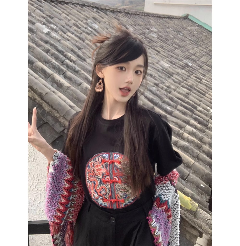2024年韓國東大門高緊密純棉200g 手工新中式國風刺繡短袖T恤女