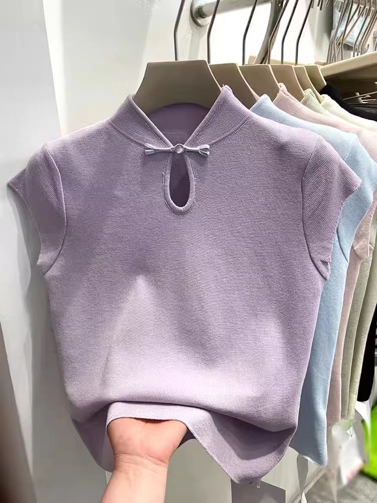2024 summer new style new Chinese style retro disc buckle flying sleeve top for women