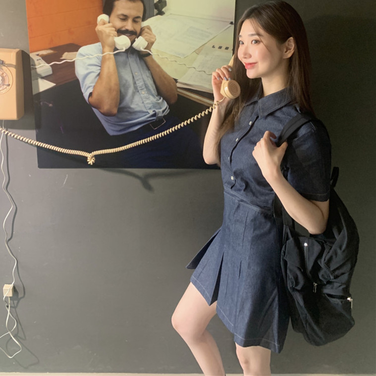 Girly Shirt Style Waist Pleated Denim Dress