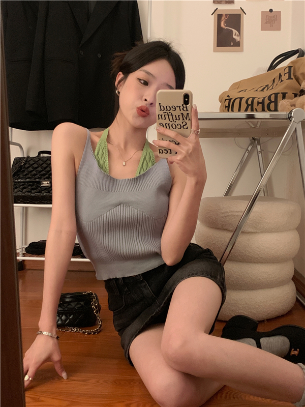 Real shot design fake two-piece halter neck knitted camisole women's summer niche slim contrast top