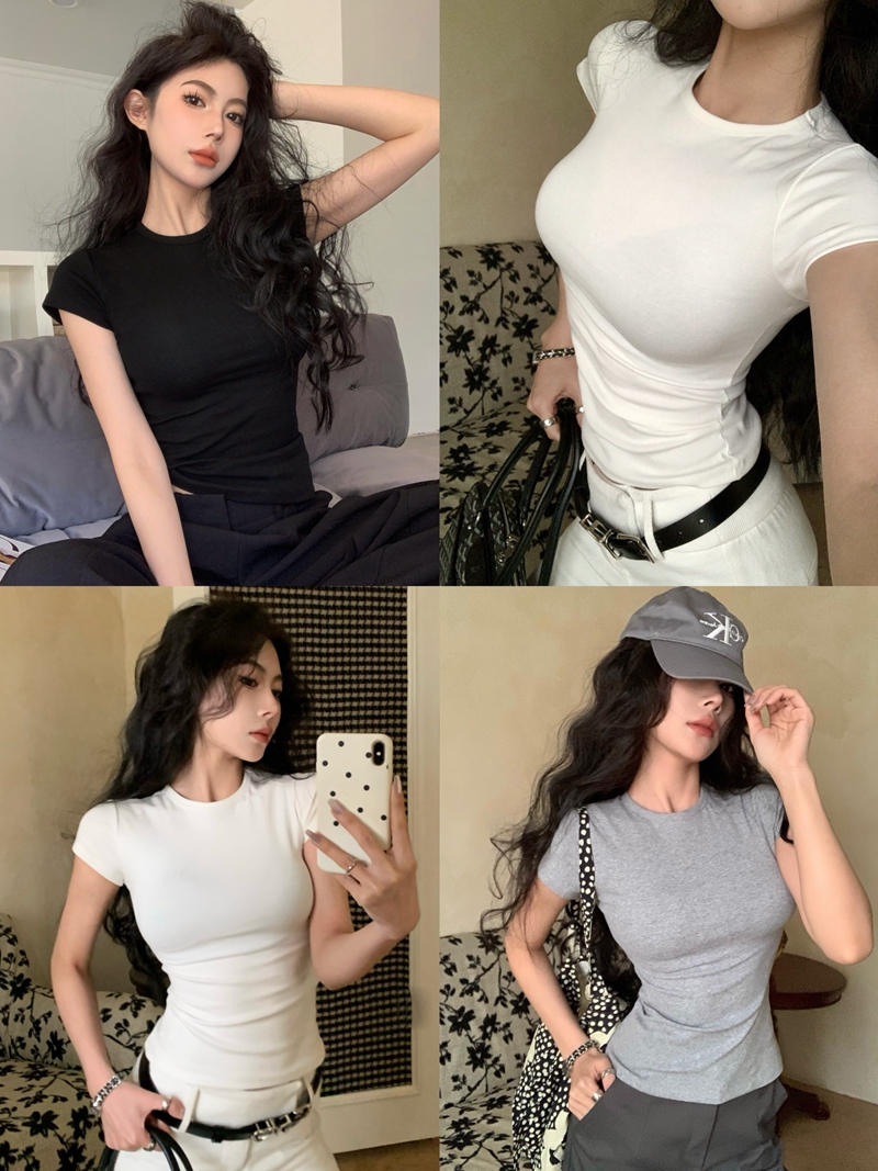 實拍夏季新百搭顯瘦修身純色圓領短袖女打底T恤內搭正肩上衣