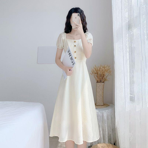 Dress 2024 New Summer Slim Fit Solid Color Square Neck British Style Puff Sleeve Hepburn Style French Mini Skirt