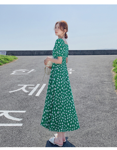 Pastoral style green floral dress women's summer plus size fat mm waist slimming puff sleeve short sleeve long skirt new style