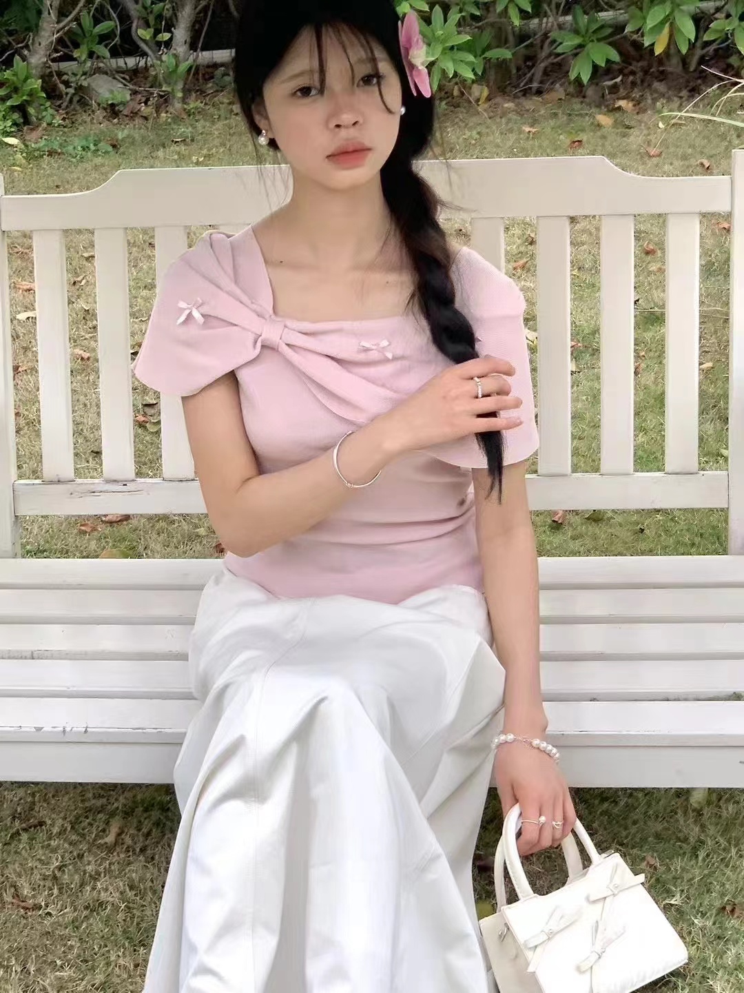 BB家韓系蝴蝶結花新元素緊身小件修身顯瘦一字肩短上衣百搭純色