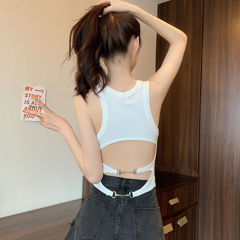 實拍 白色美背吊帶背心女夏帶胸墊美式辣妹內搭上衣