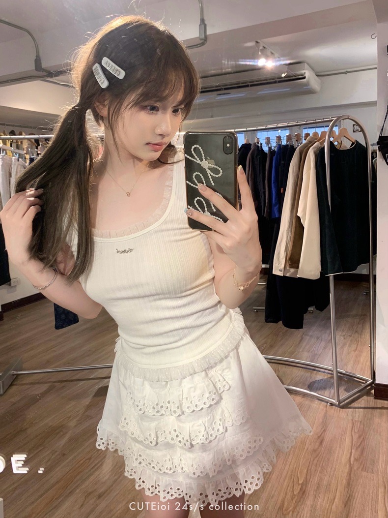 CUTEioi 必buy少女感波點花邊內搭坑條背心上衣