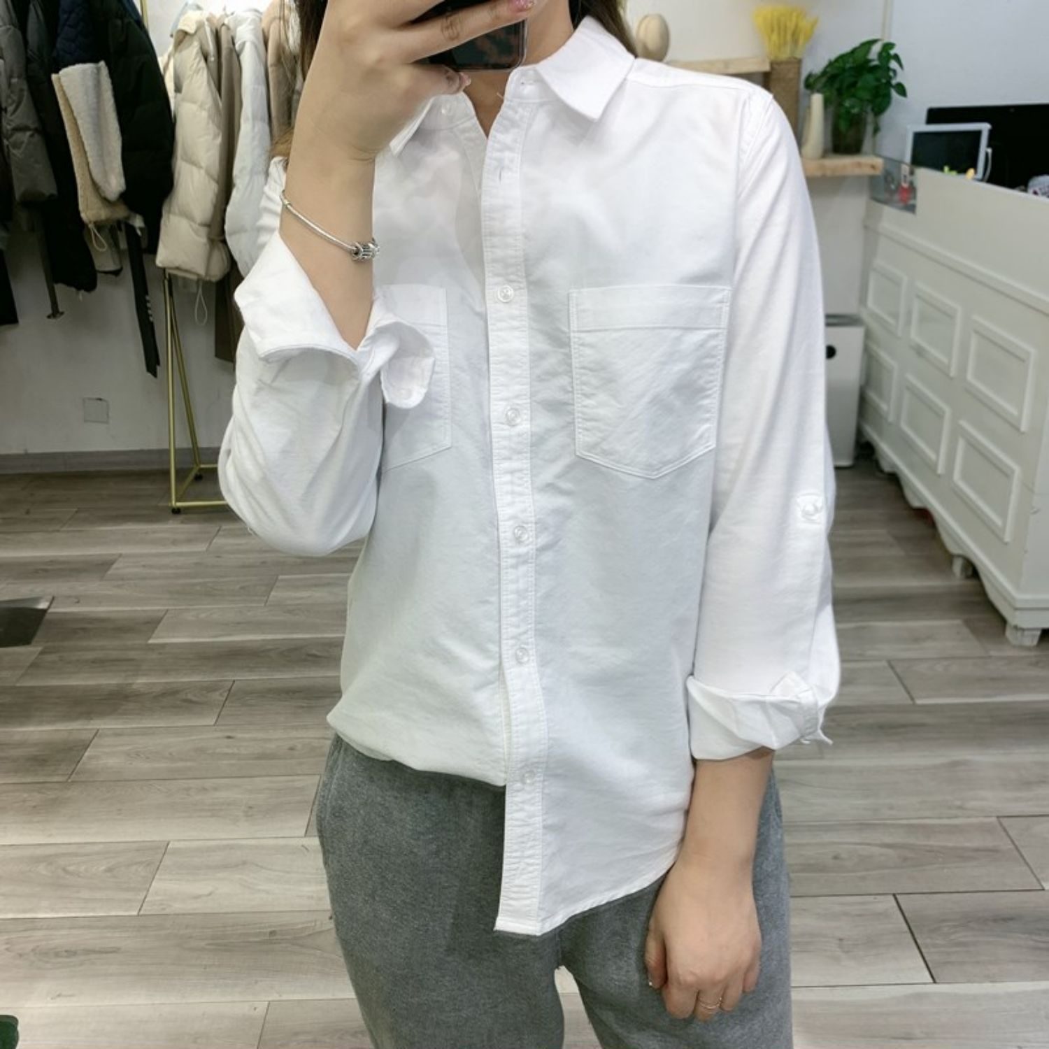春秋季新款韓版口袋休閒白襯衫女牛津紡棉上衣百搭顯瘦職業襯衣潮