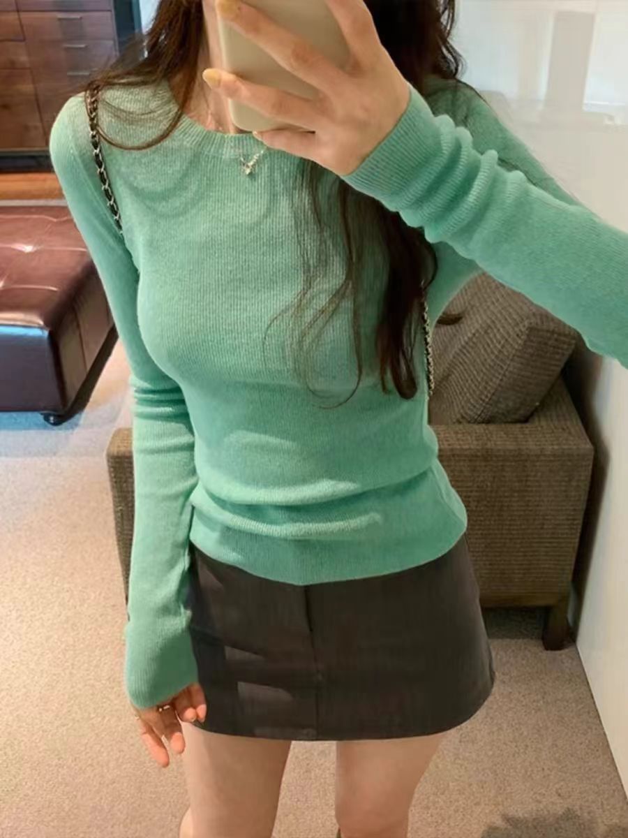 2024新款薄荷綠性感微透針織打底衫女春秋季小眾螺紋薄款上衣內搭