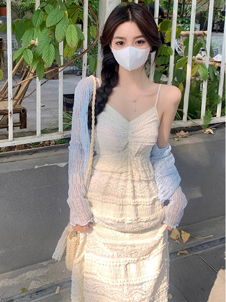 法式氣質蕾絲吊帶連衣裙女度假胖mm遮肉顯瘦長款無袖裙子開衫套裝