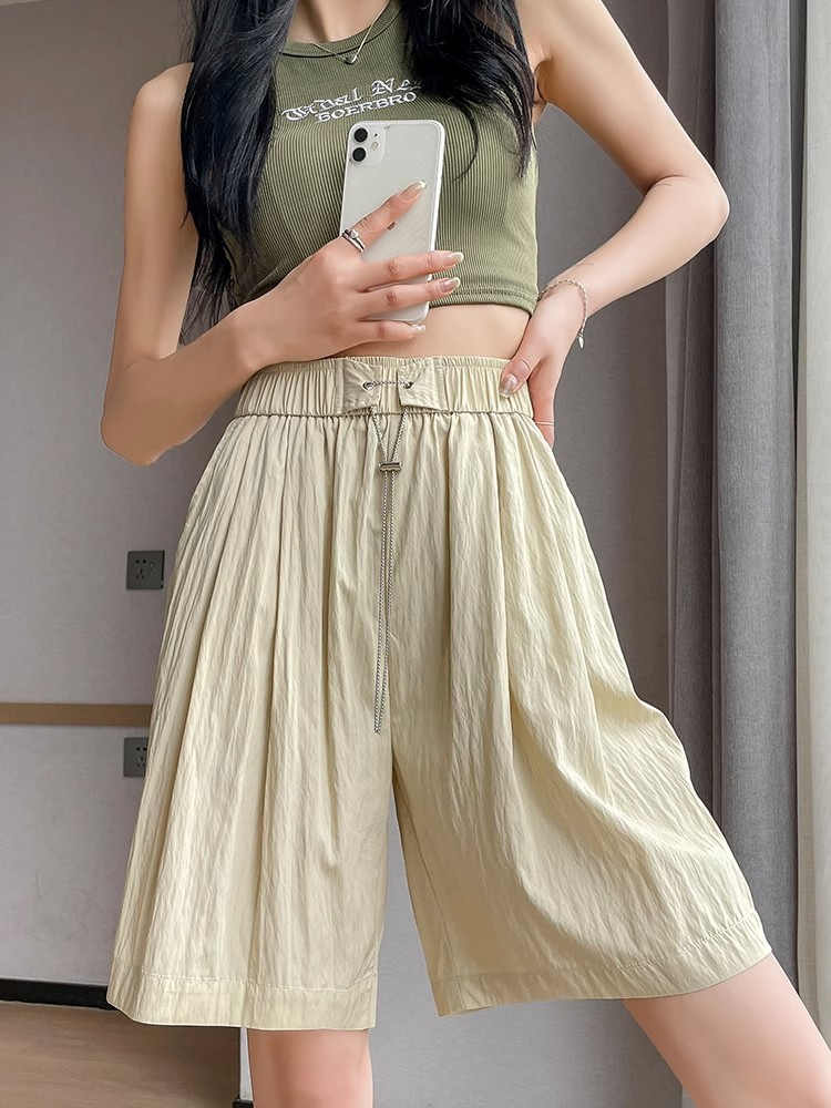 錦棉山本 闊腿五分褲女夏季薄款高腰垂感寬鬆百搭休閒短褲