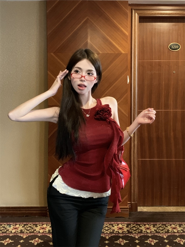 實拍 純欲辣妹立體花朵無袖打底飄帶背心吊帶上衣女