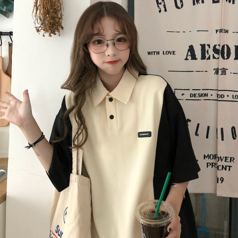 實拍 6535拉架 2024軟妹polo衫拼色短袖t恤女