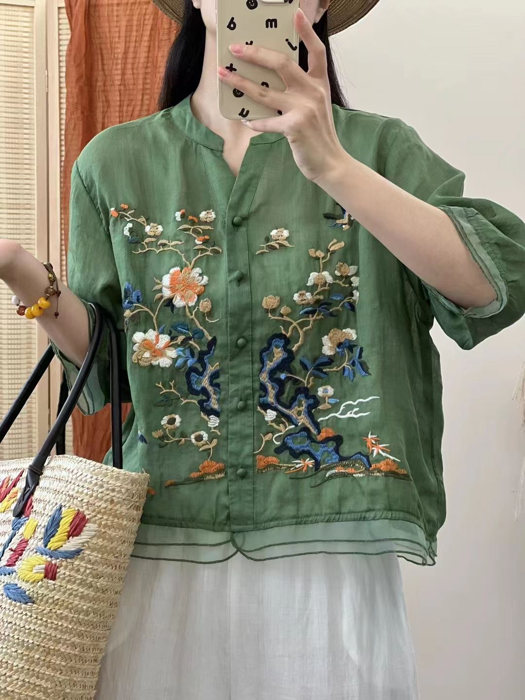 文藝復古刺繡襯衫上衣2024夏季新款重工繡花包扣高端棉麻襯衣小衫