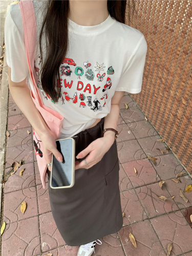 实拍 韩系小众图案短袖T恤上衣高腰开叉抽绳设计感工装半身裙