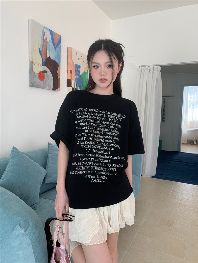 實拍 美式燙鑽字母印花寬鬆T恤