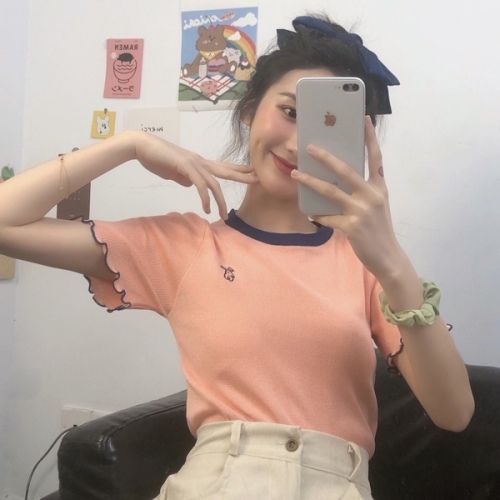 网红短袖t恤女2024夏季韩版刺绣拼接卷边短款修身显瘦针织衫上衣