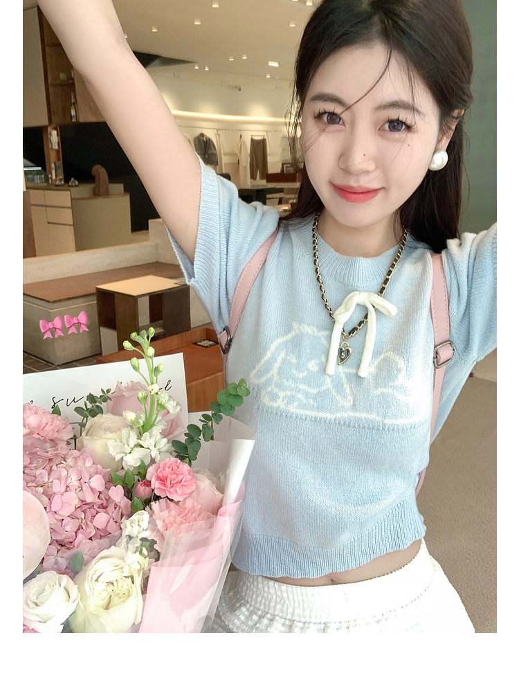 曾小咸 奶氣乖寶 藍色印花短款針織衫女春季簡約百搭顯瘦圓領上衣