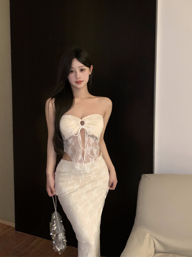 實拍 新款氣質蕾絲抹胸修身長裙兩件套