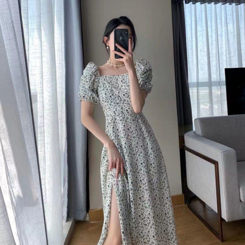 Floral Dress Women's 2024 Summer New Style Square Neck Puff Sleeve Korean Style Long Slit British Style Women's Dress