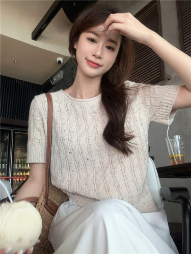 Actual shot~Summer Korean style rolled edge thick stitch colorful dot short-sleeved twist knitwear versatile niche tops ideas