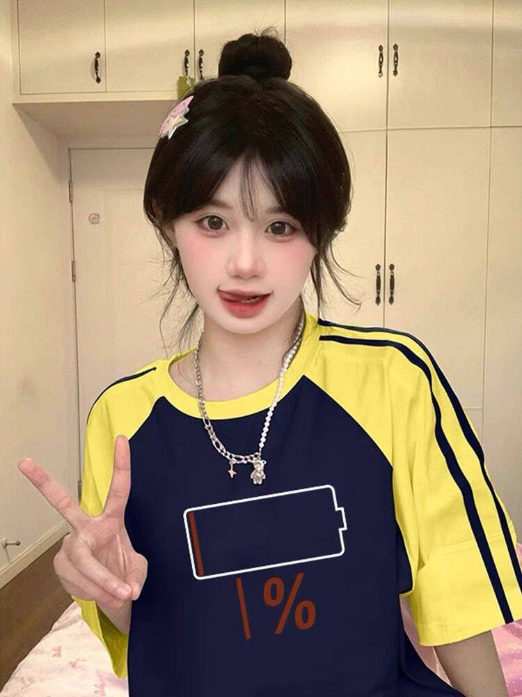 純棉200克21支精梳精密前 印花拼色三條槓落肩短袖t恤女