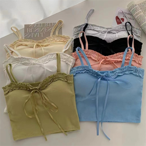 Price~ Pure cotton design bow camisole with breast pads slimming and versatile top for women