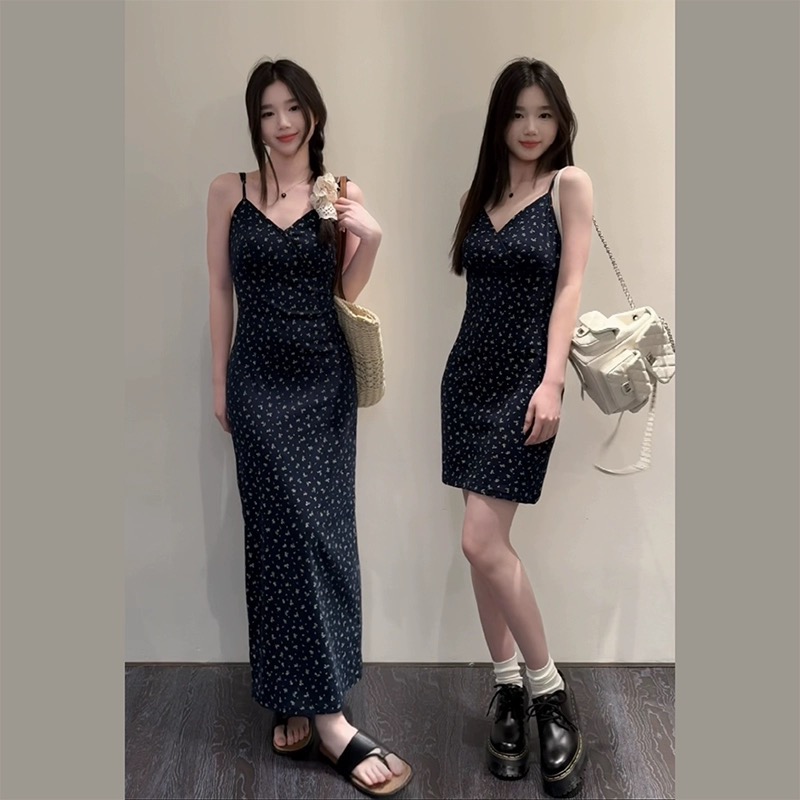 王少女的店 碎花吊帶v領連衣長裙2024夏季新款法式氣質顯瘦短裙子