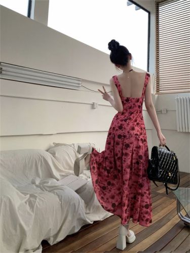 Real shot square neck backless chiffon dress women's spring and summer new high-waist slim floral long skirt