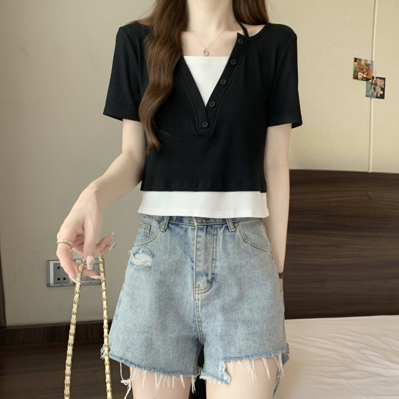 實拍  夏裝設計感假二件紐扣短袖T恤女
