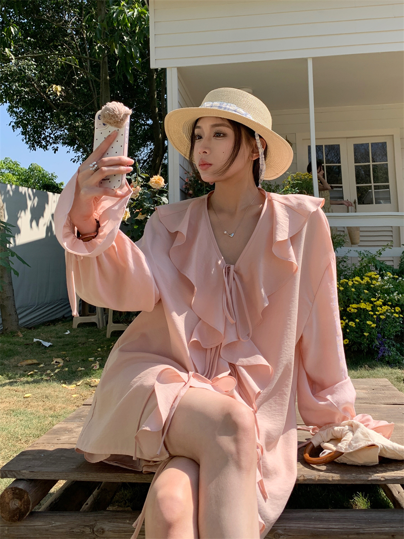 實拍 50116系帶荷葉邊寬鬆襯衣+50117裙褲套裝女
