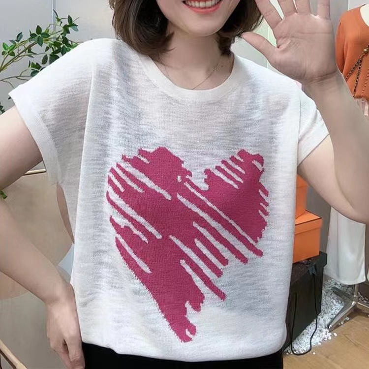 天貓品質夏季新款洋氣百搭愛心印花圓領短袖針織衫上衣女