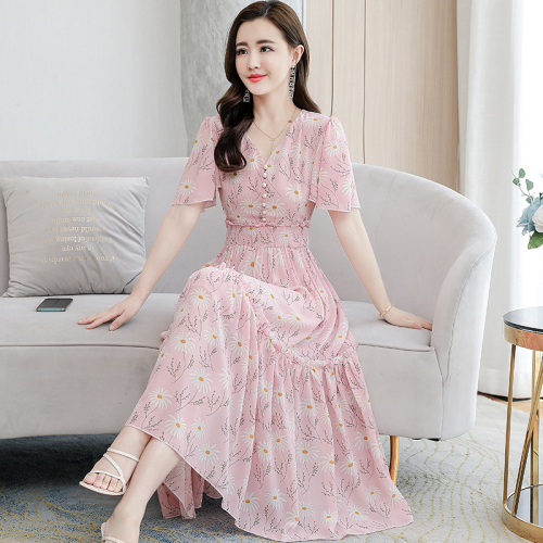 Fashion new chiffon dress female British style goddess style high waist British style foreign style summer slimming long swing