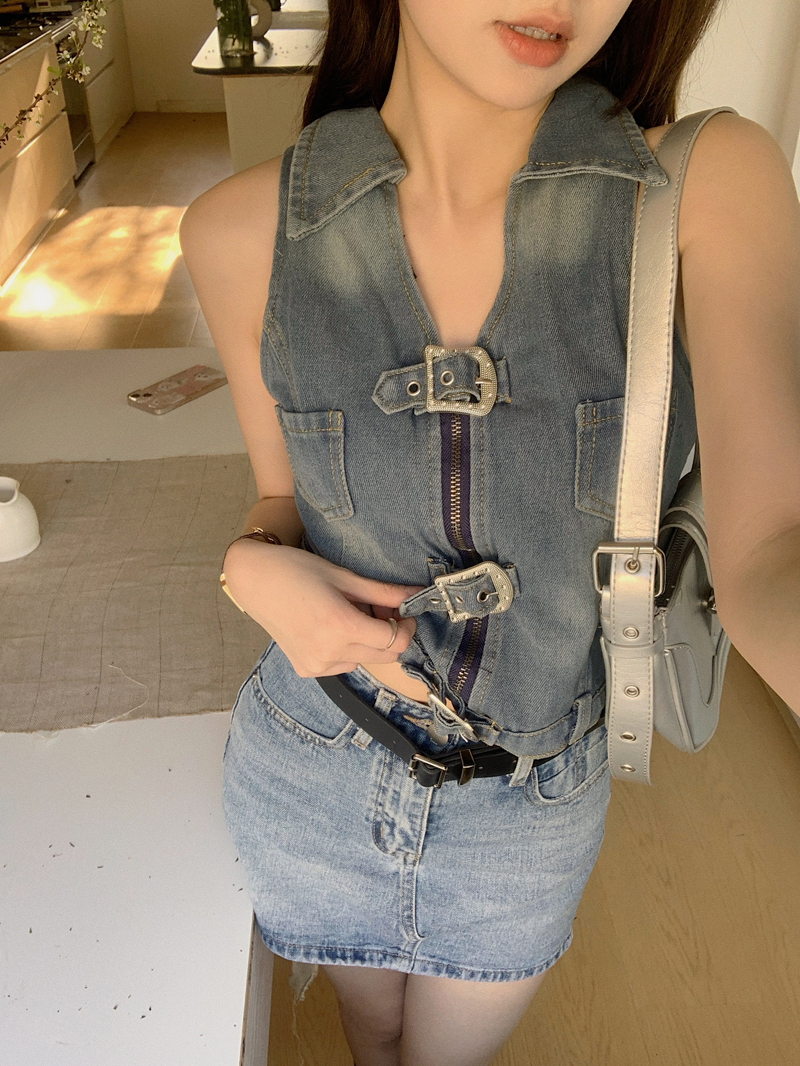 實拍 復古千禧辣妹牛仔掛脖背心女2024夏小眾設計感無袖上衣ins潮