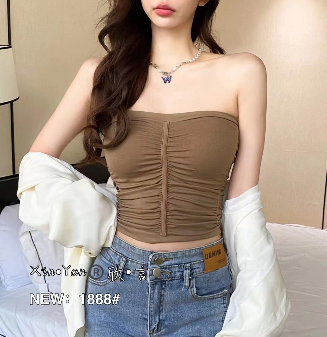 褶皺純色帶胸墊裹胸內衣女春季韓版修身顯瘦百搭短款打底背心上衣
