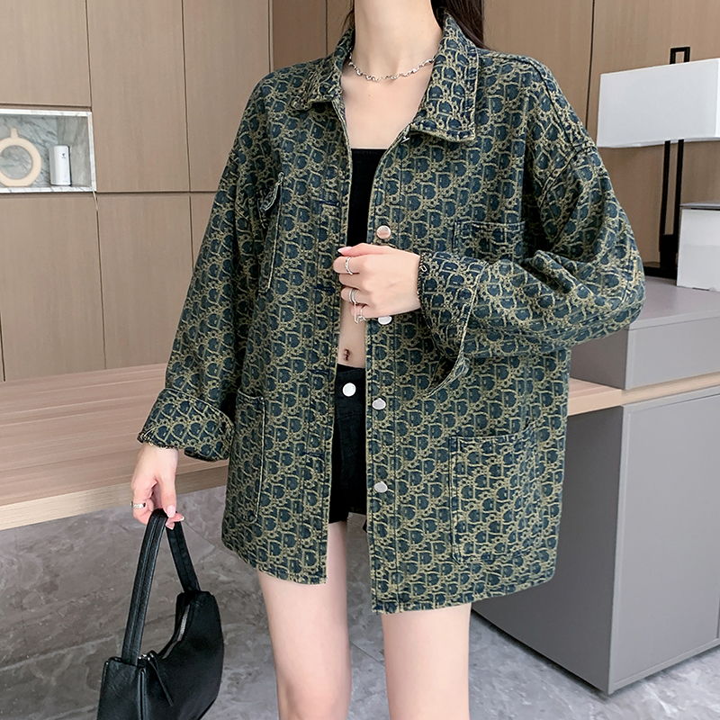 實拍~2024新款滿印提花牛仔外套女甜酷辣妹風復古慵懶感夾克