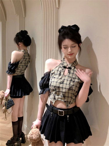 Actual shot of new Chinese style pure lust style butterfly print plaid splicing short-sleeved shirt top