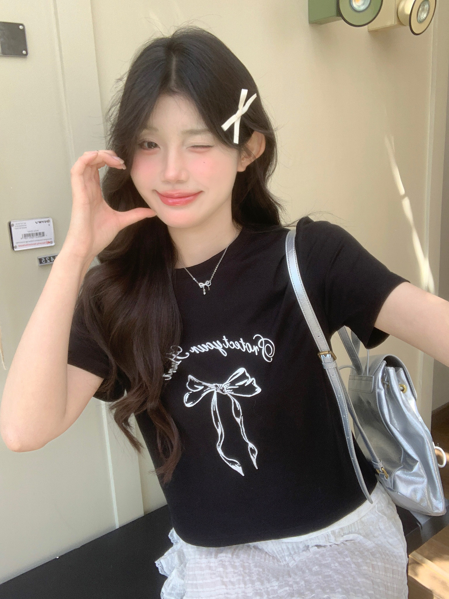 實拍 蝴蝶結字母圓領短袖T恤女夏季美式辣妹修身短款上衣套裝