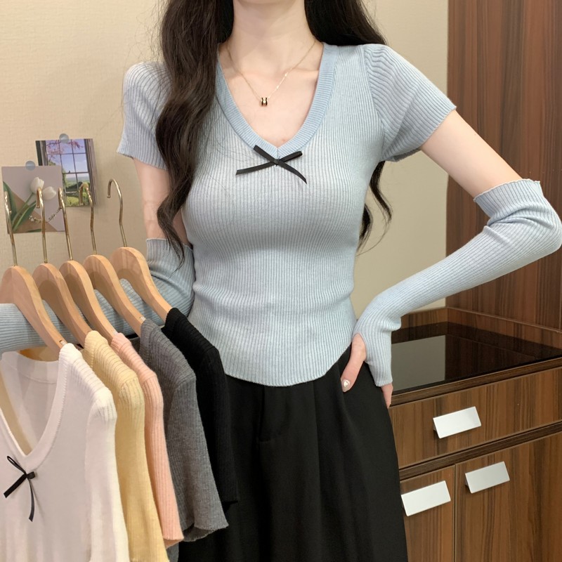 實拍 2024夏季新款蝴蝶結V領袖套時髦短款修身百搭韓版針織衫