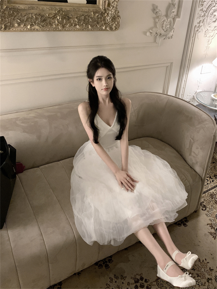 實拍 仙女款網紗連衣裙女氣質紗裙復古吊帶長裙