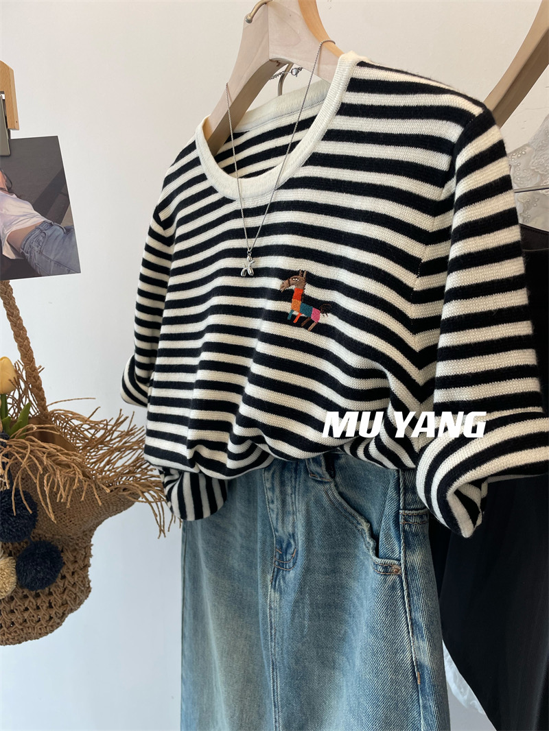 MUYANG 甜甜妹寶！羊毛版呆萌可愛彩虹小馬短袖條紋針織衫女上衣