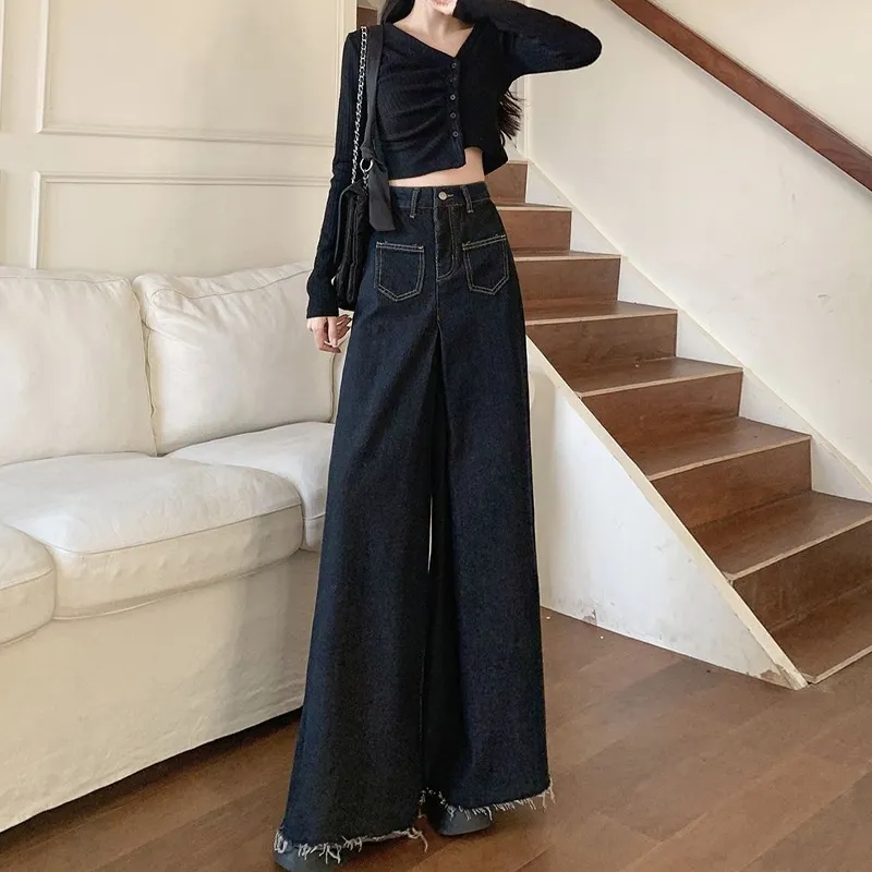 大碼春季新款水洗復古牛仔褲女高腰寬鬆垂感拖地長褲闊腿毛邊褲潮