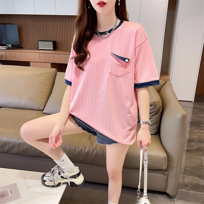 實拍 2024夏季新款韓版寬鬆圓領泡花拼色口袋百搭短袖T恤女